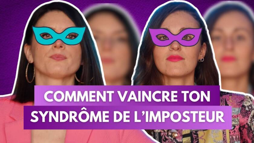 Chloé et Anouck du podcast Féminitéa portent des masques colorés avec le texte "Comment vaincre ton syndrome de l’imposteur".