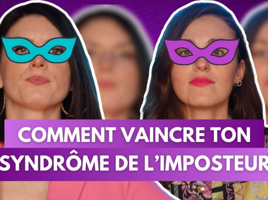 Chloé et Anouck du podcast Féminitéa portent des masques colorés avec le texte "Comment vaincre ton syndrome de l’imposteur".