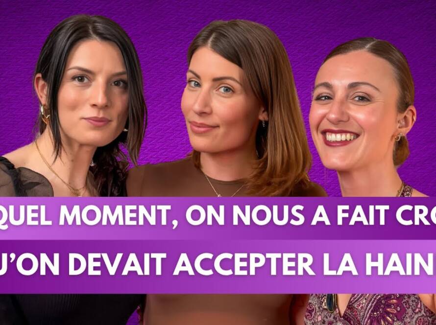 Anouck, Silent Jill et Chloé souriantes sur fond violet avec le texte : À quel moment, on nous a fait croire qu’on devait accepter la haine ?