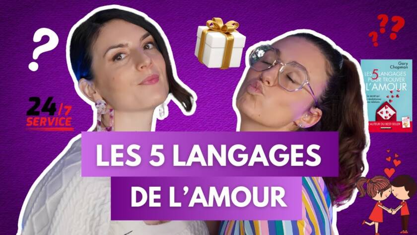 Chloé et Anouck du podcast Féminitéa posent sur fond violet avec le texte "Les 5 langages de l’amour" et des icônes romantiques.