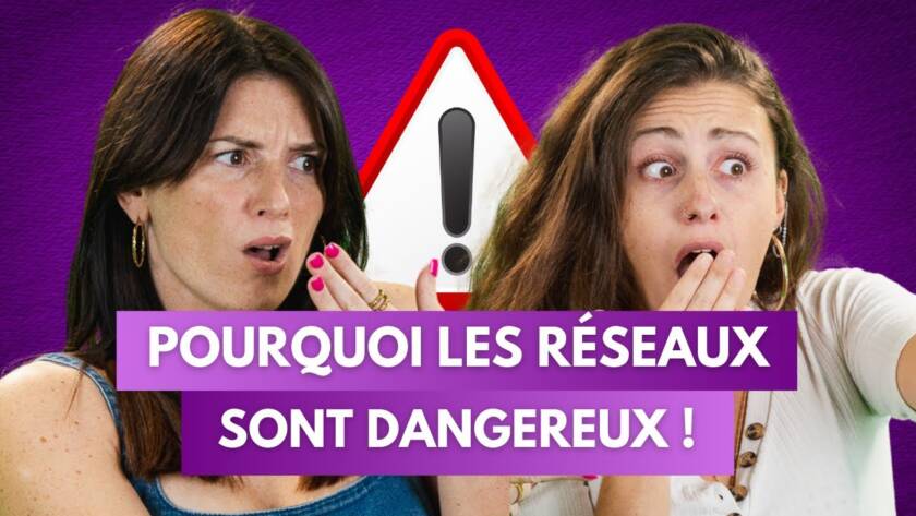 Chloé et Anouck du podcast Féminitéa choquées, avec un panneau d’alerte et le texte "Pourquoi les réseaux sont dangereux".